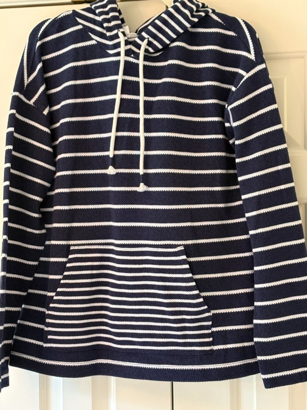 NWOT J. Jill Fit Textured Navy & White Stripes Nautical Hooded Pullover Sz M